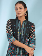 Juniper Women's Black Pure Cotton Geometric Printed & Pleated Kurta With Beads & Sequins | Grocsy