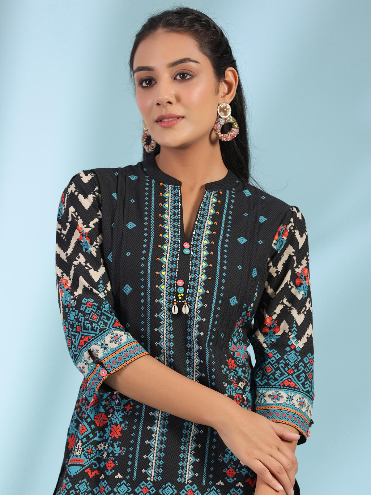 Juniper Women's Black Pure Cotton Geometric Printed & Pleated Kurta With Beads & Sequins | Grocsy
