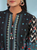 Juniper Women's Black Pure Cotton Geometric Printed & Pleated Kurta With Beads & Sequins | Grocsy
