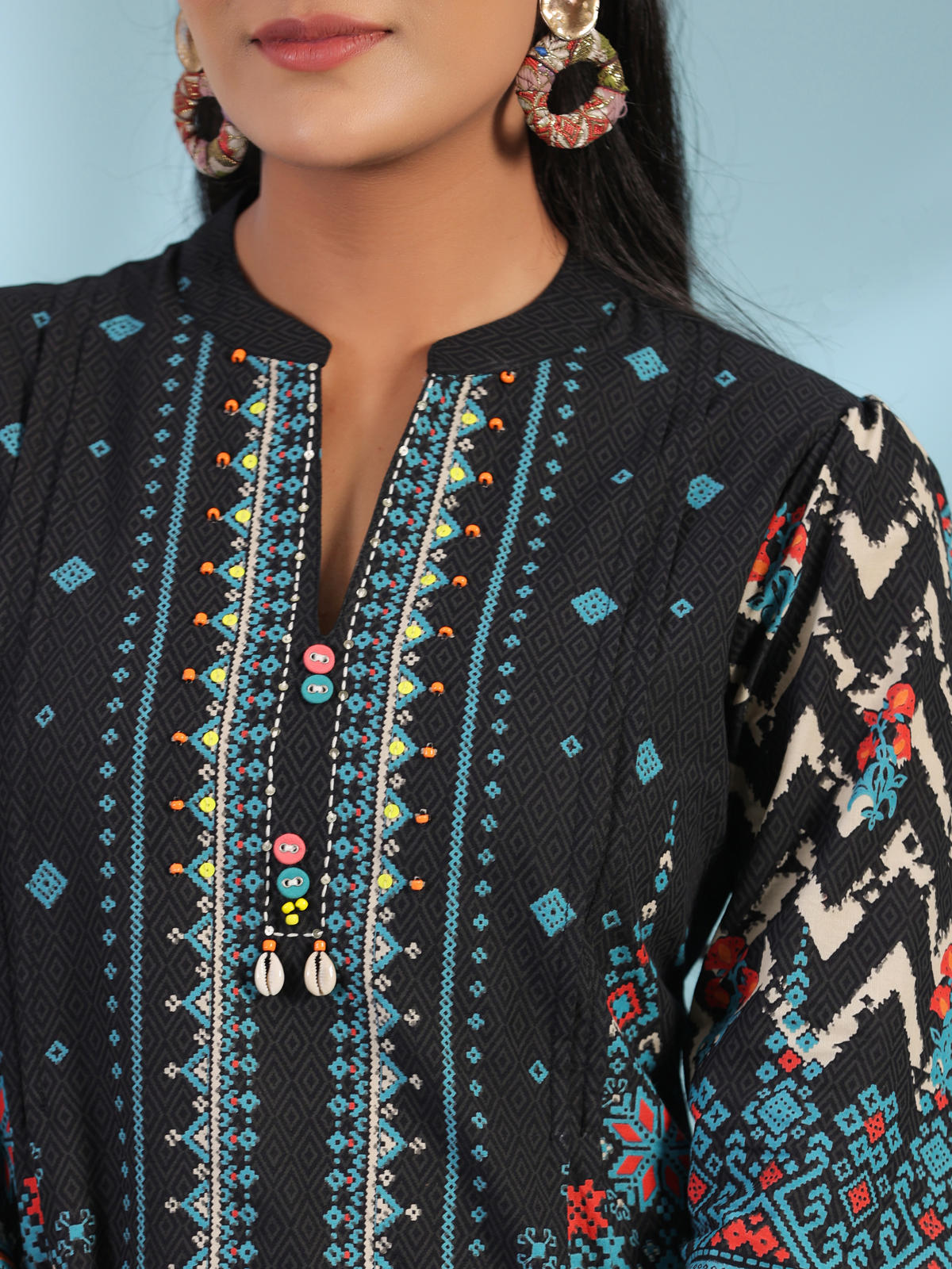 Juniper Women's Black Pure Cotton Geometric Printed & Pleated Kurta With Beads & Sequins | Grocsy