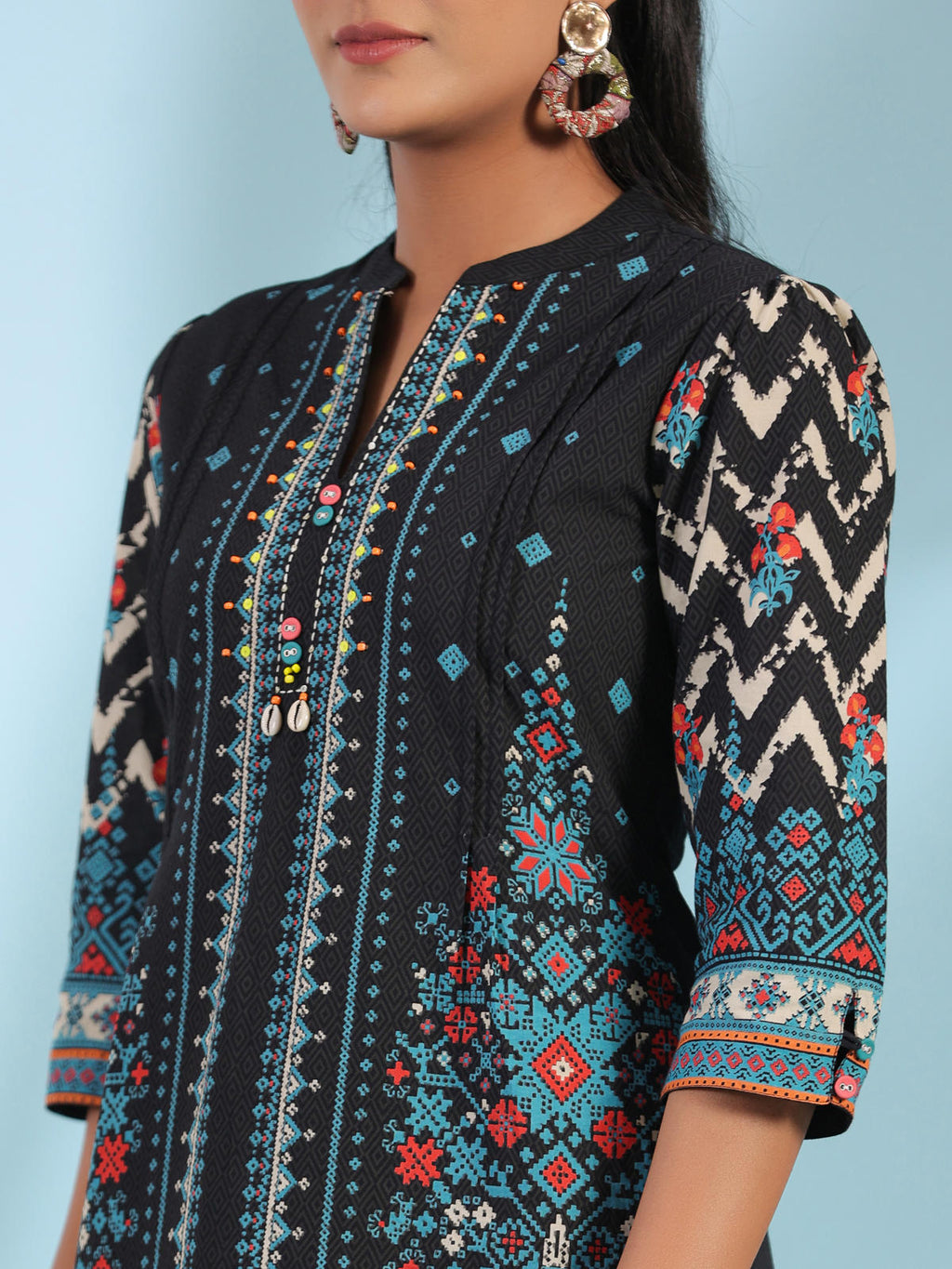 Juniper Women's Black Pure Cotton Geometric Printed & Pleated Kurta With Beads & Sequins | Grocsy