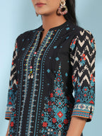 Juniper Women's Black Pure Cotton Geometric Printed & Pleated Kurta With Beads & Sequins | Grocsy