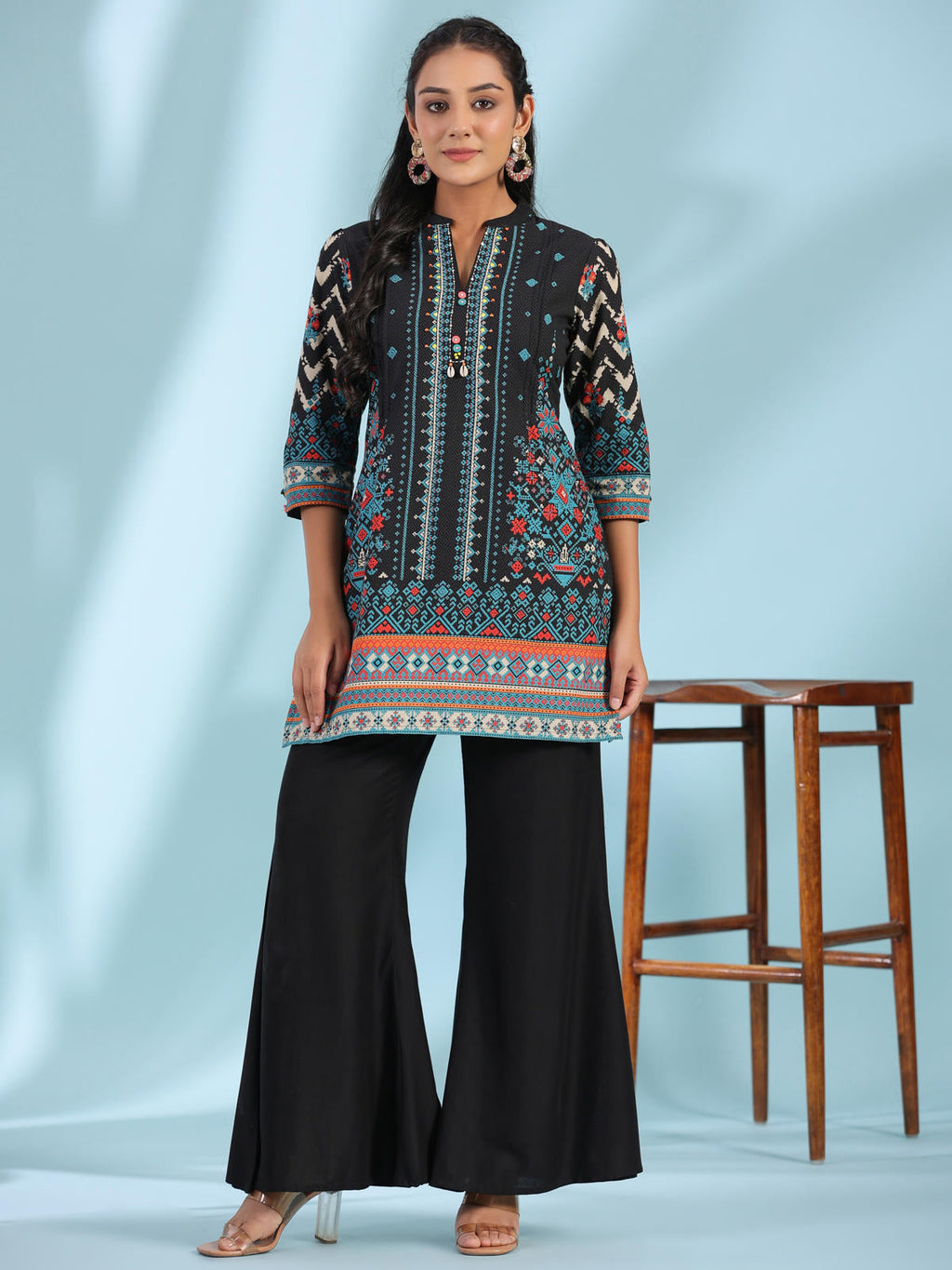 Juniper Women's Black Pure Cotton Geometric Printed & Pleated Kurta With Beads & Sequins | Grocsy