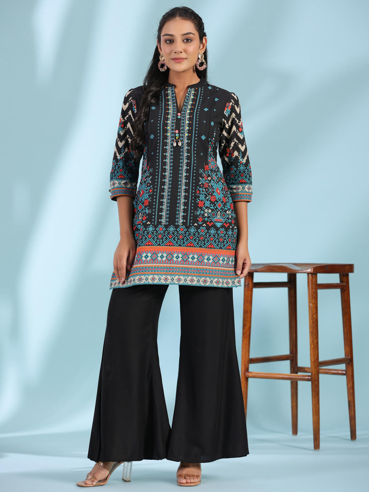 Juniper Women's Black Pure Cotton Geometric Printed & Pleated Kurta With Beads & Sequins | Grocsy