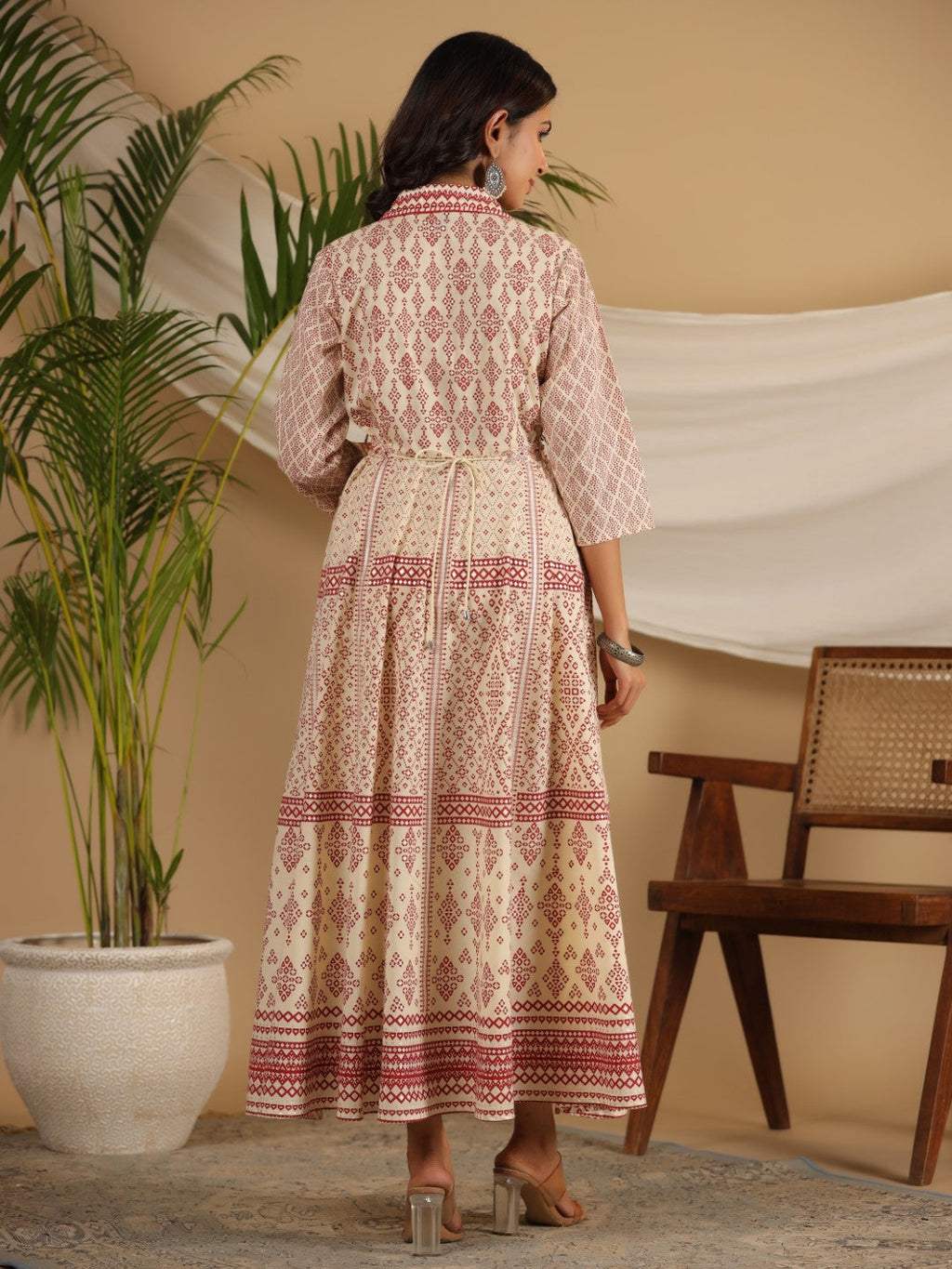 Juniper Ivory Cotton Geometric Printed Fit & Flare Maxi Dress With Contrast Beads & Sequins | Grocsy