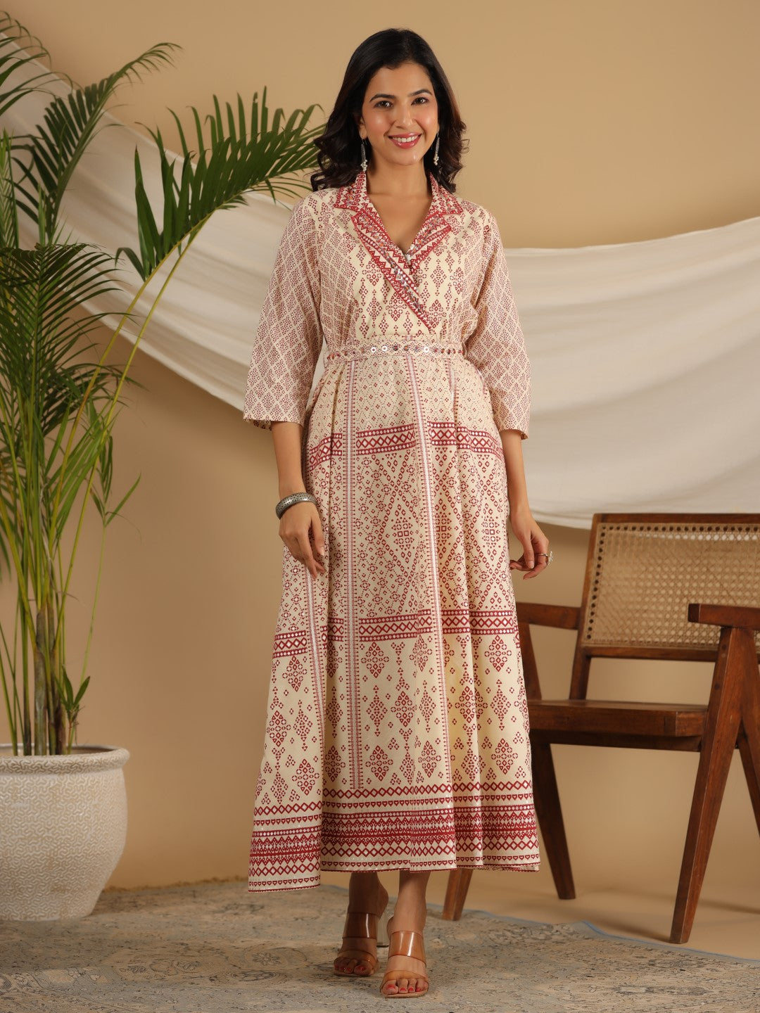 Juniper Ivory Cotton Geometric Printed Fit & Flare Maxi Dress With Contrast Beads & Sequins | Grocsy