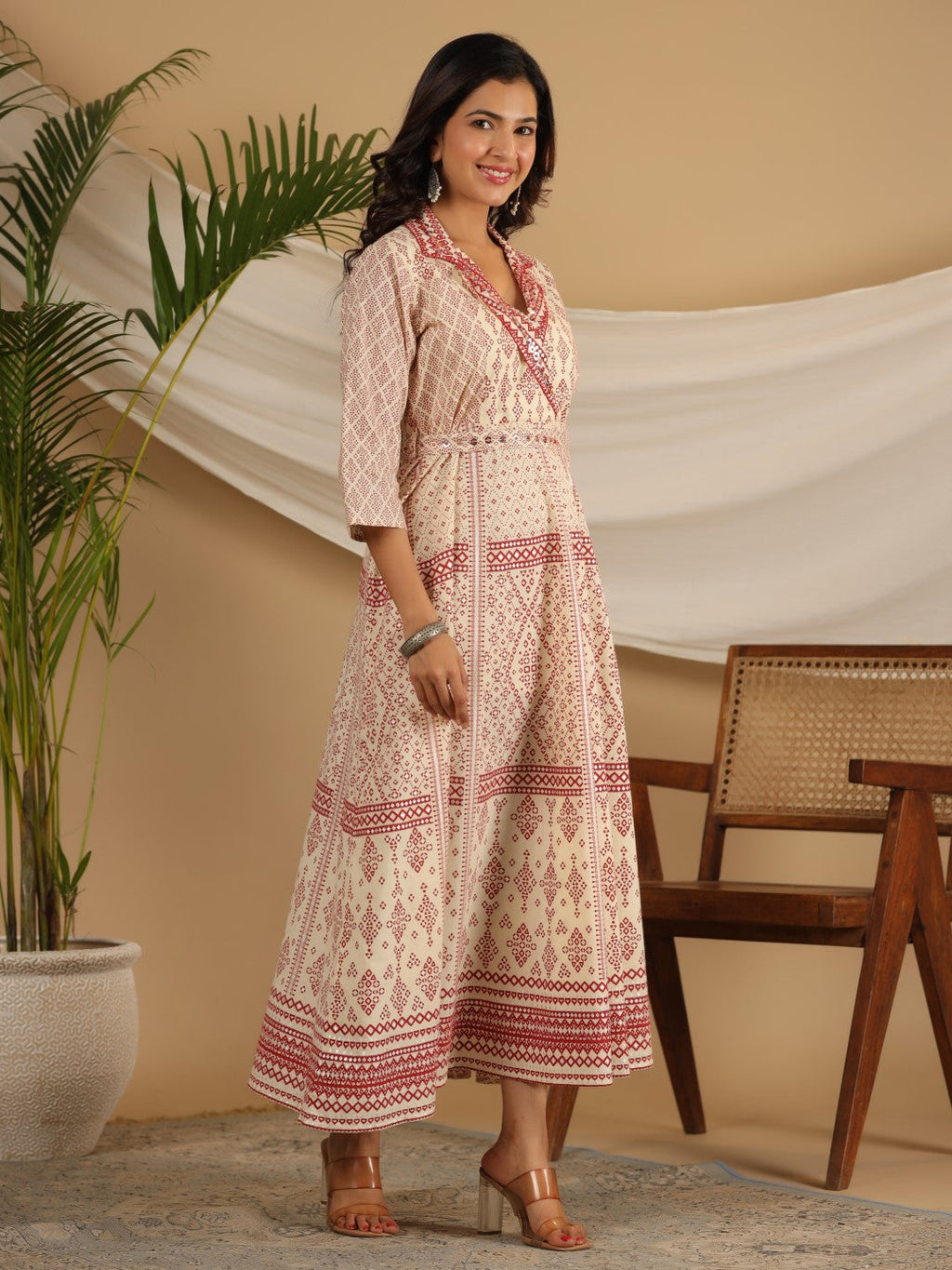 Juniper Ivory Cotton Geometric Printed Fit & Flare Maxi Dress With Contrast Beads & Sequins | Grocsy