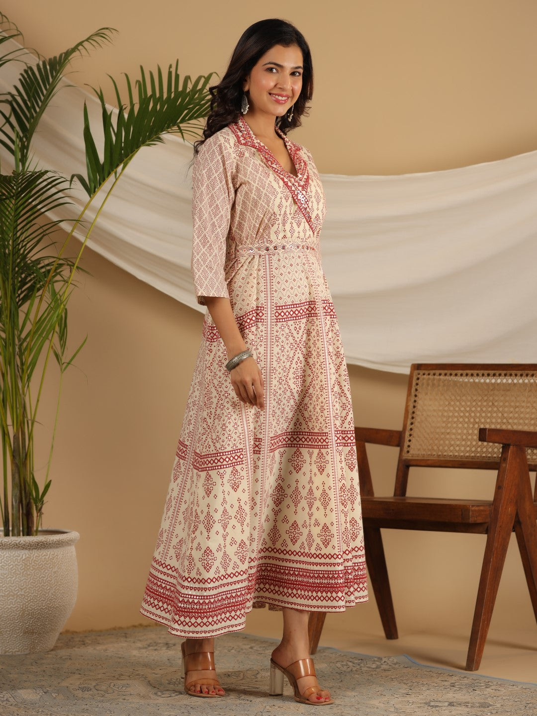 Juniper Ivory Cotton Geometric Printed Fit & Flare Maxi Dress With Contrast Beads & Sequins | Grocsy