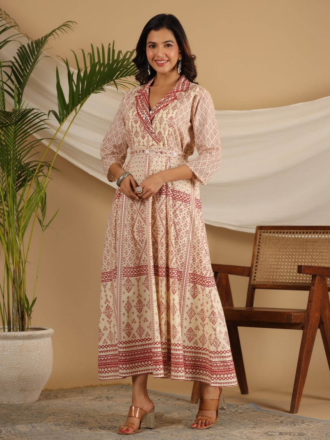 Juniper Ivory Cotton Geometric Printed Fit & Flare Maxi Dress With Contrast Beads & Sequins | Grocsy