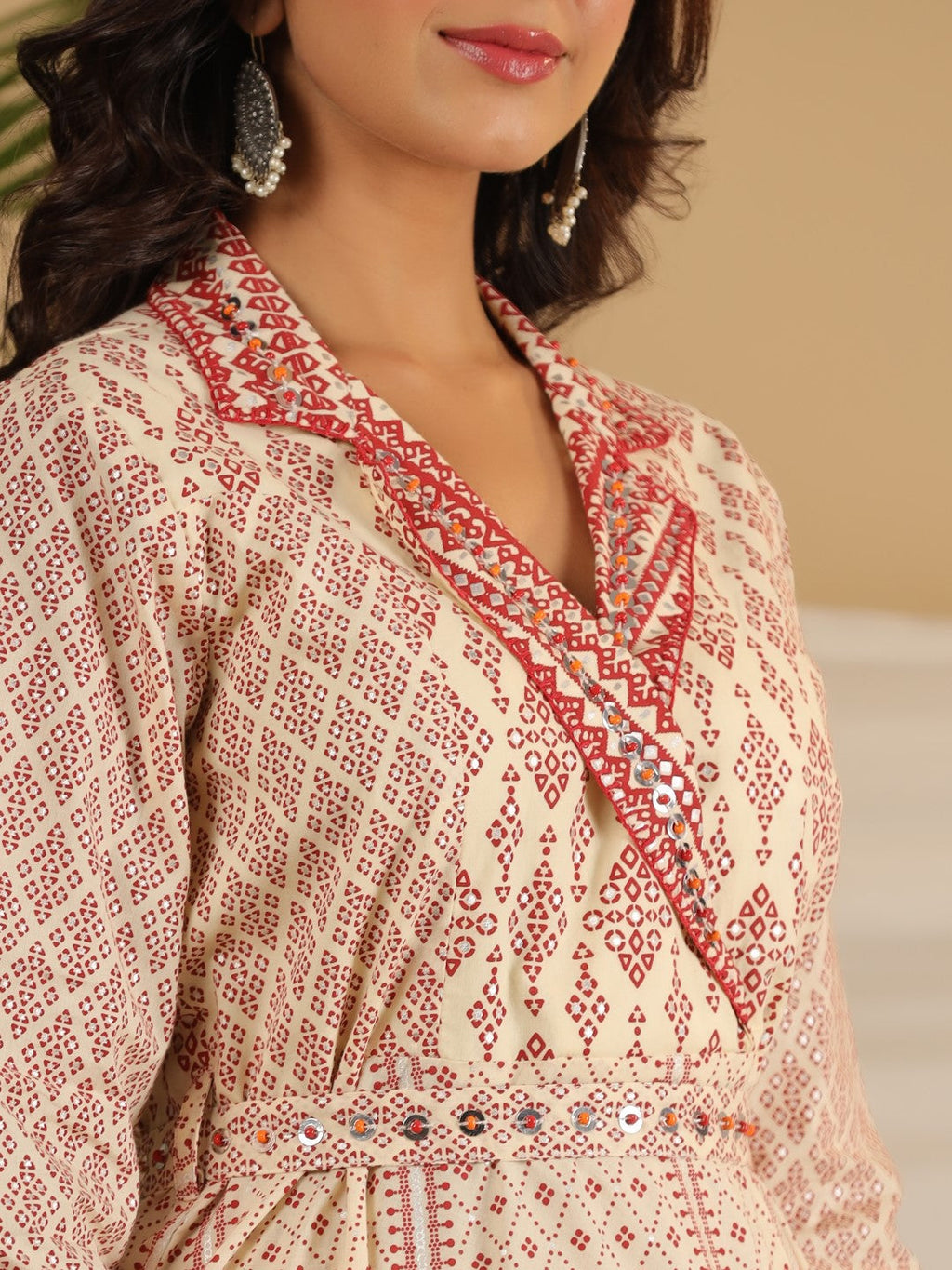 Juniper Ivory Cotton Geometric Printed Fit & Flare Maxi Dress With Contrast Beads & Sequins | Grocsy