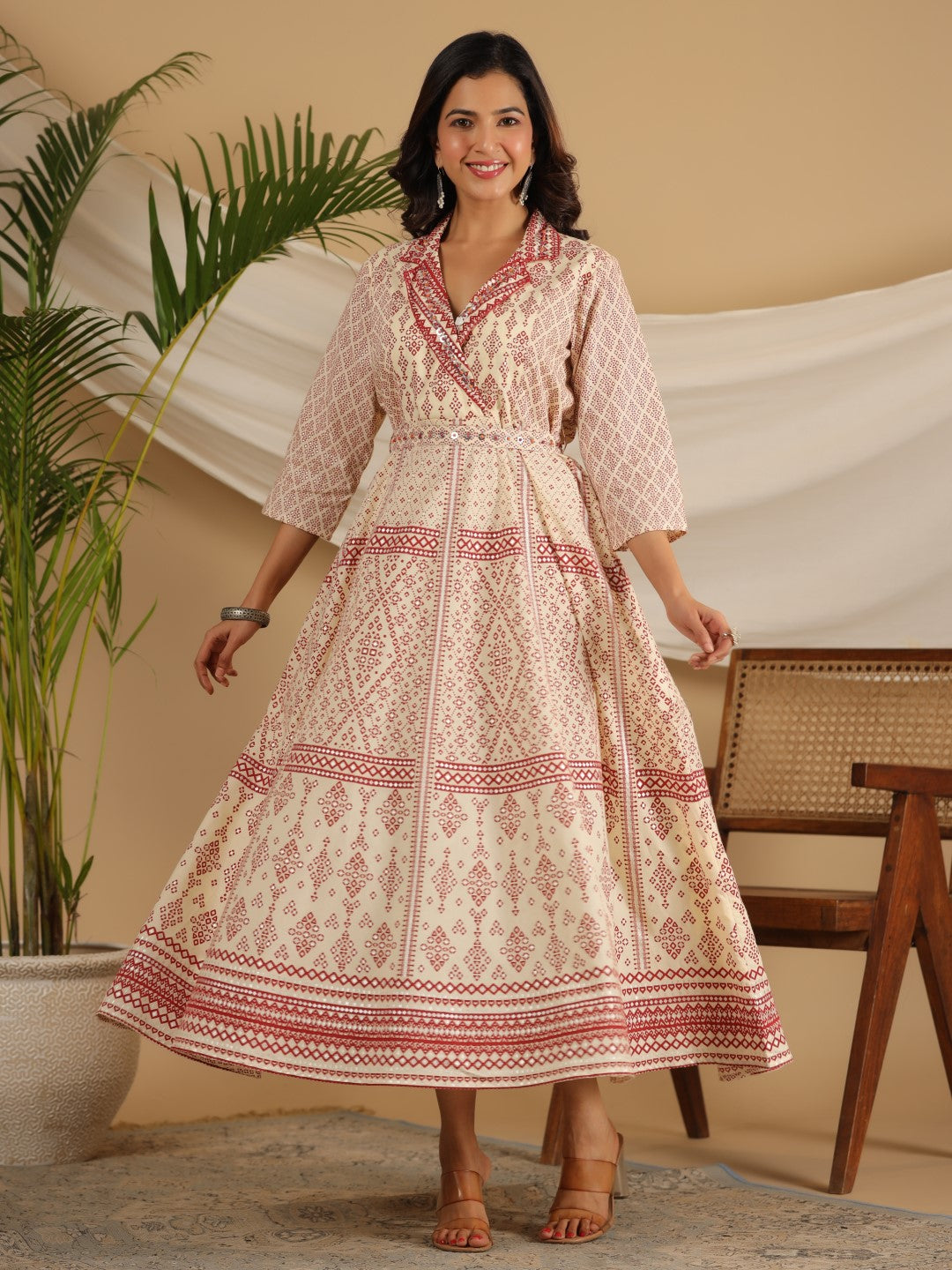 Juniper Ivory Cotton Geometric Printed Fit & Flare Maxi Dress With Contrast Beads & Sequins | Grocsy