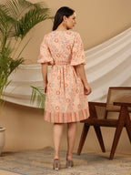 Juniper Peach Floral Printed Pure Cotton Short Dress With Belt & Beads Work | Grocsy