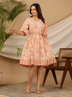 Juniper Peach Floral Printed Pure Cotton Short Dress With Belt & Beads Work | Grocsy