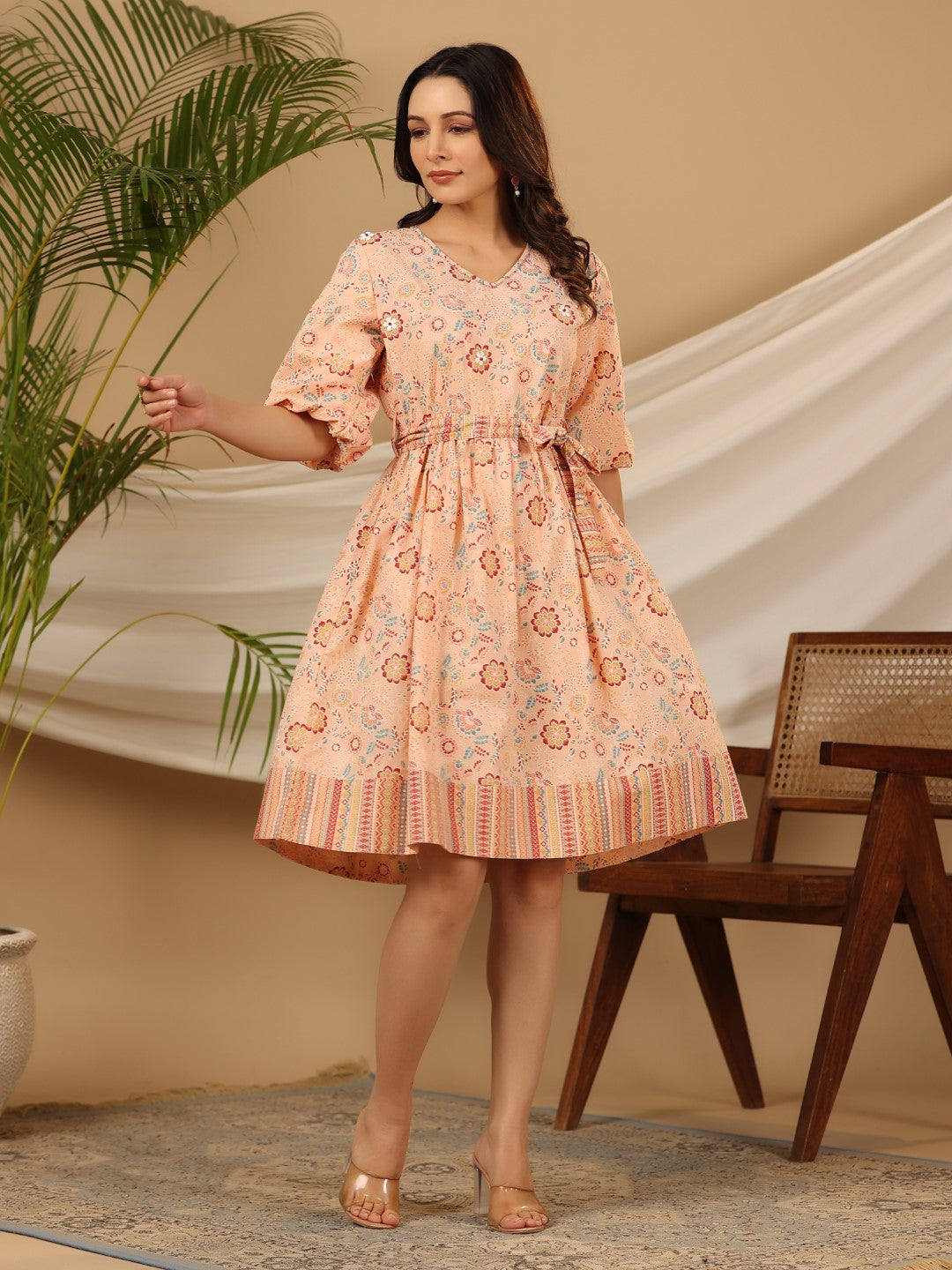 Juniper Peach Floral Printed Pure Cotton Short Dress With Belt & Beads Work | Grocsy
