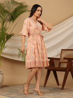 Juniper Peach Floral Printed Pure Cotton Short Dress With Belt & Beads Work | Grocsy