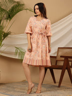 Juniper Peach Floral Printed Pure Cotton Short Dress With Belt & Beads Work | Grocsy