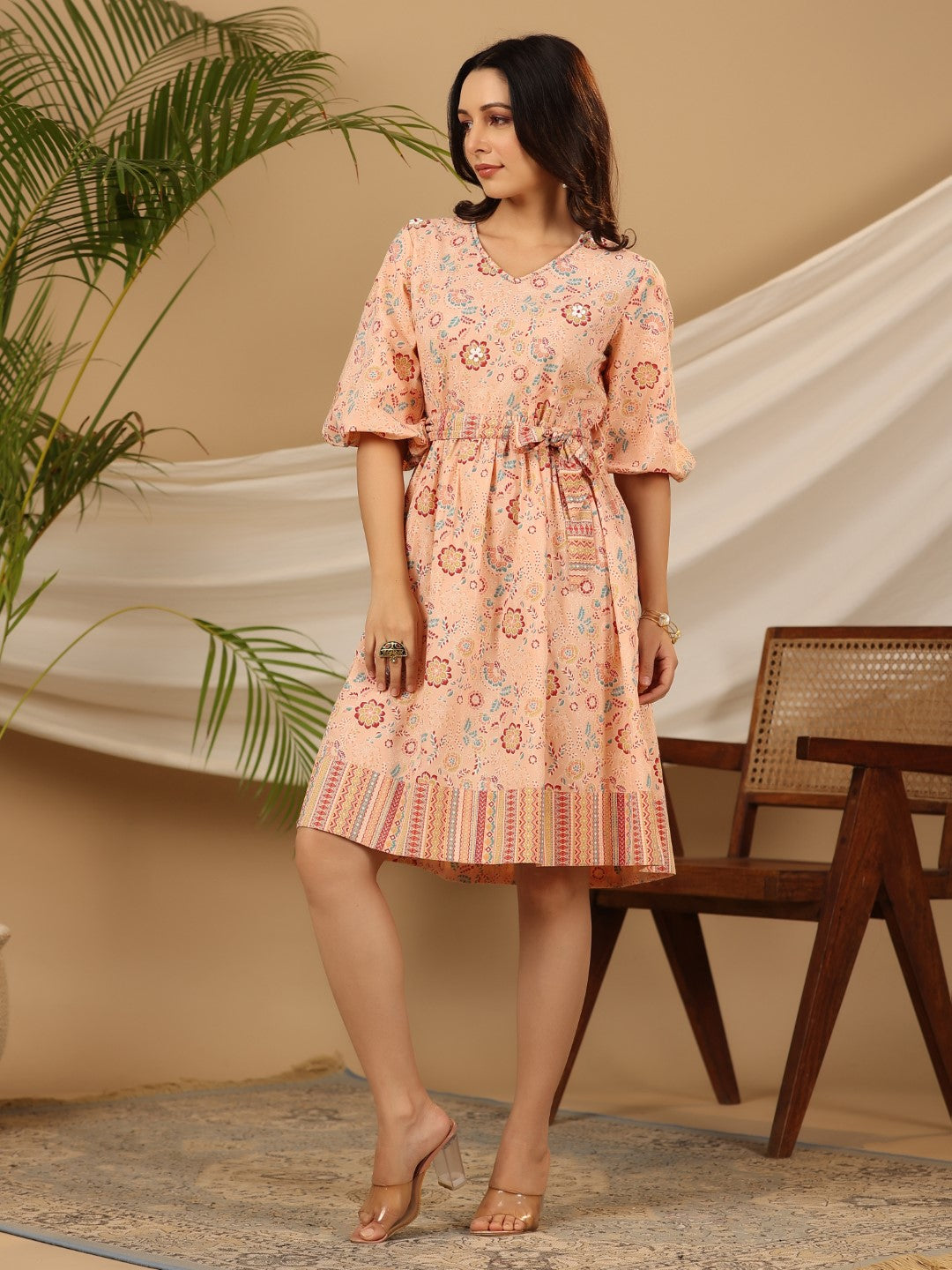 Juniper Peach Floral Printed Pure Cotton Short Dress With Belt & Beads Work | Grocsy