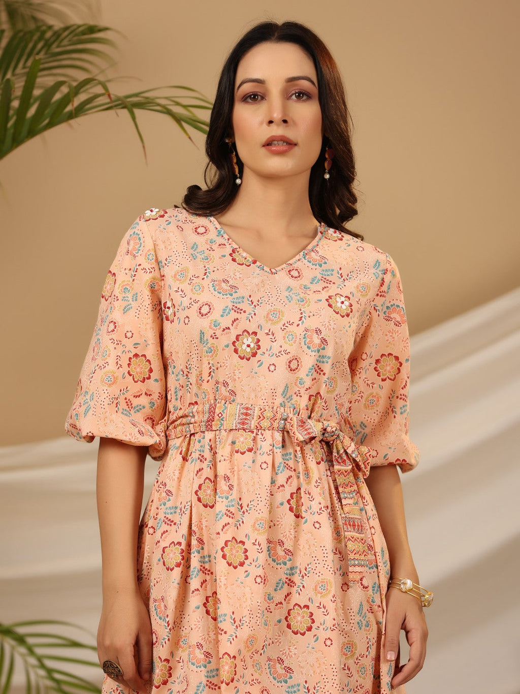 Juniper Peach Floral Printed Pure Cotton Short Dress With Belt & Beads Work | Grocsy