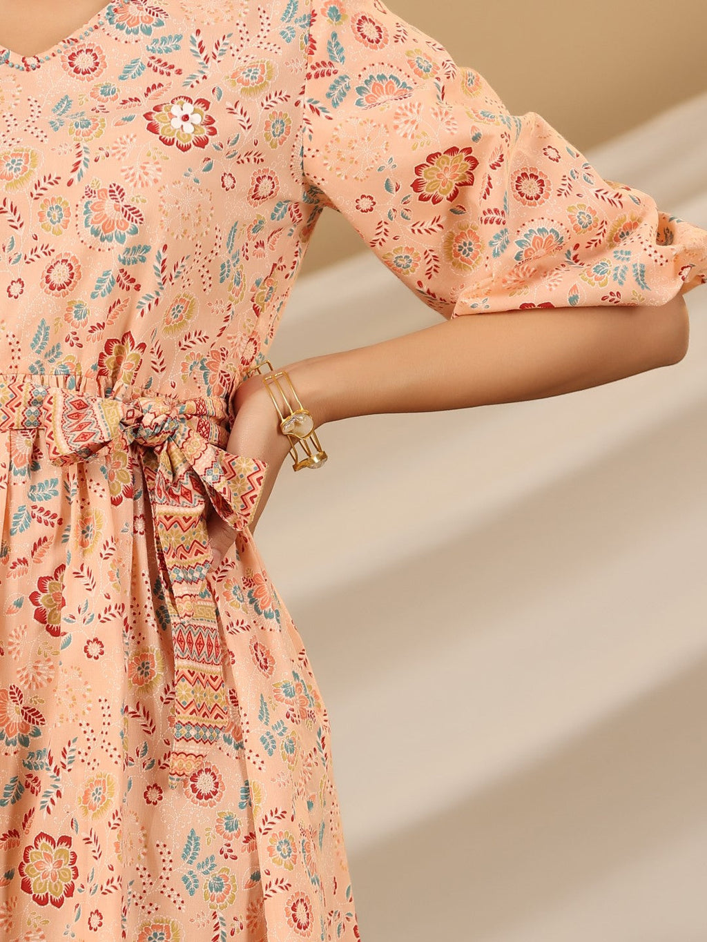 Juniper Peach Floral Printed Pure Cotton Short Dress With Belt & Beads Work | Grocsy
