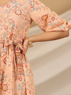 Juniper Peach Floral Printed Pure Cotton Short Dress With Belt & Beads Work | Grocsy