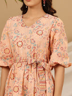 Juniper Peach Floral Printed Pure Cotton Short Dress With Belt & Beads Work | Grocsy