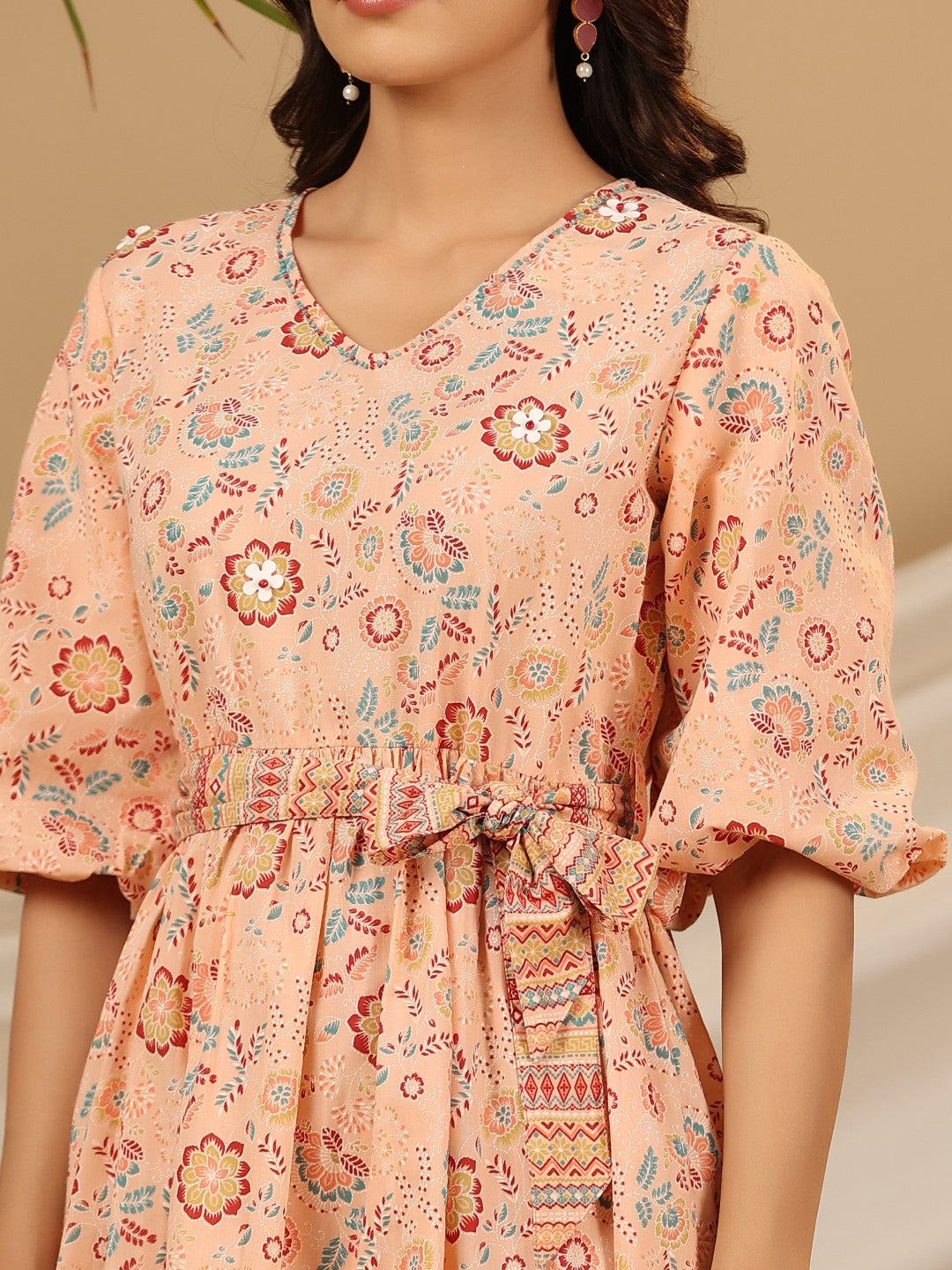 Juniper Peach Floral Printed Pure Cotton Short Dress With Belt & Beads Work | Grocsy