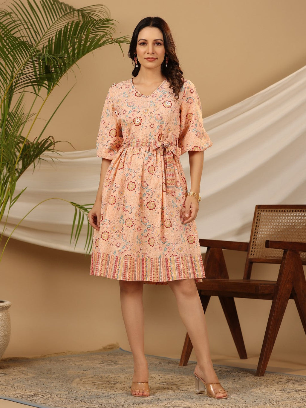 Juniper Peach Floral Printed Pure Cotton Short Dress With Belt & Beads Work | Grocsy
