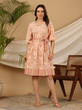 Juniper Peach Floral Printed Pure Cotton Short Dress With Belt & Beads Work | Grocsy