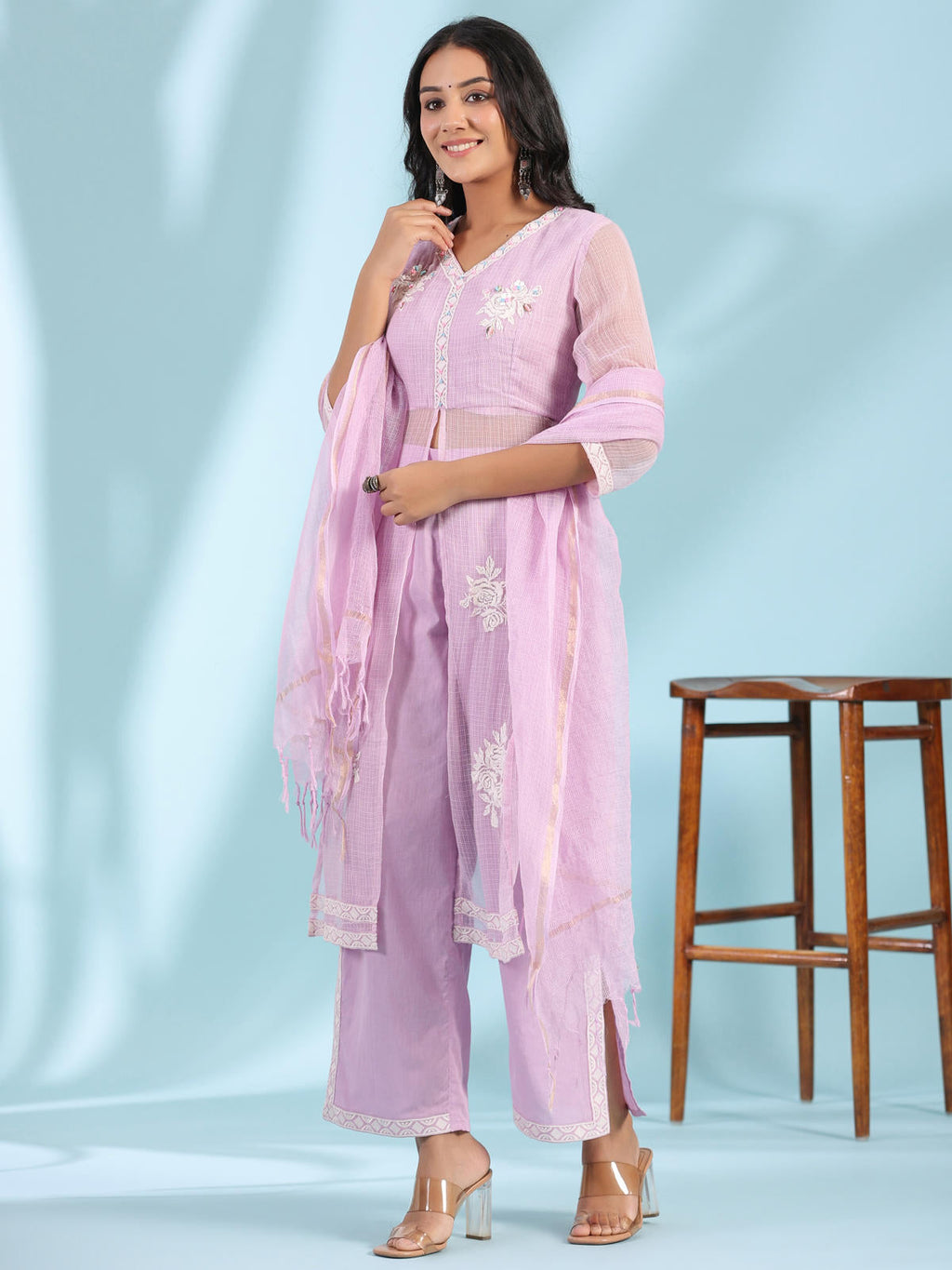 Juniper Women's Lilac Floral Printed pure Cotton Kurta Palazzos & Kota Doria Dupatta With Beads Work | Grocsy