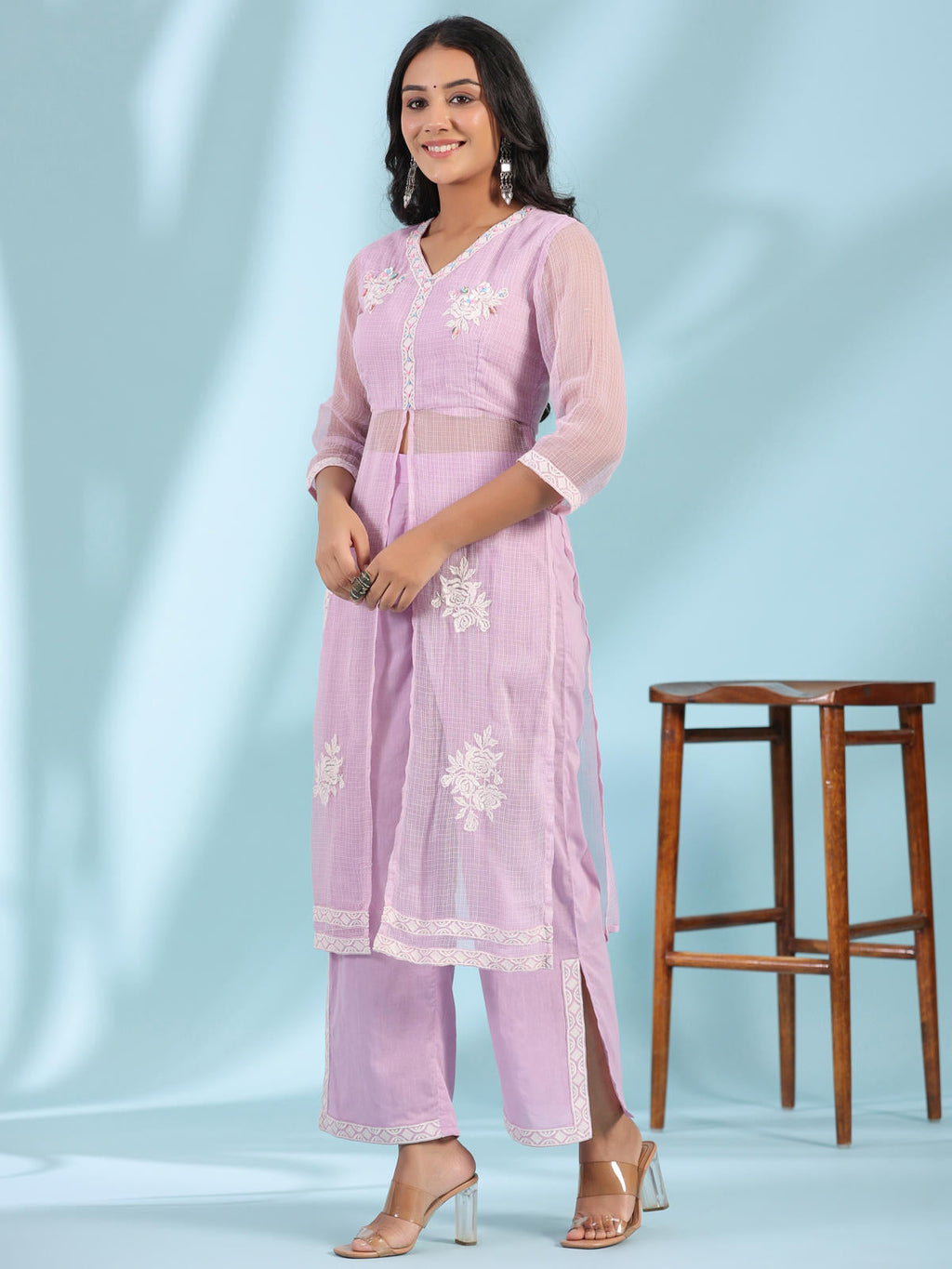 Juniper Women's Lilac Floral Printed pure Cotton Kurta Palazzos & Kota Doria Dupatta With Beads Work | Grocsy