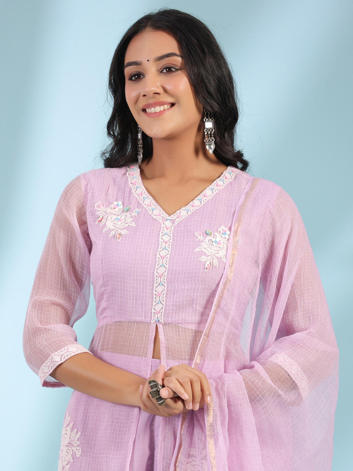 Juniper Women's Lilac Floral Printed pure Cotton Kurta Palazzos & Kota Doria Dupatta With Beads Work | Grocsy