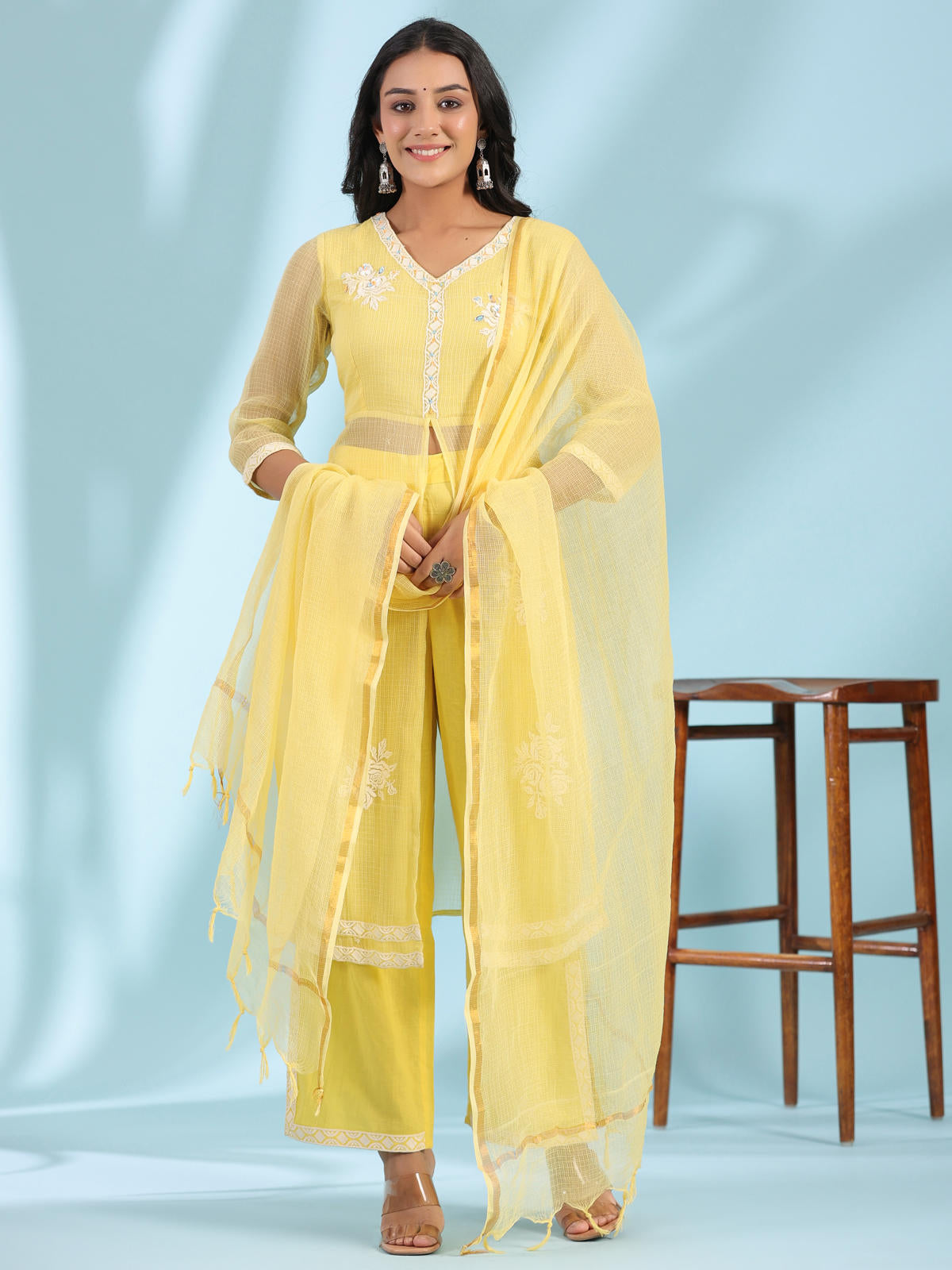 Juniper Women's Yellow Floral Printed pure Cotton Kurta Palazzos & Kota Doria Dupatta With Beads Work | Grocsy