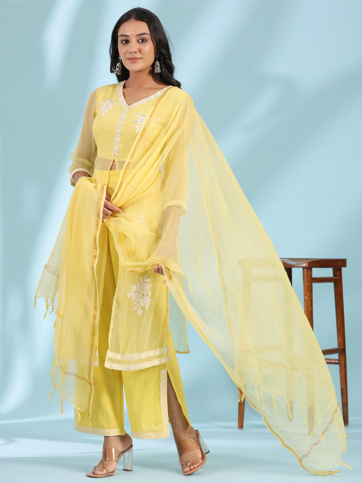 Juniper Women's Yellow Floral Printed pure Cotton Kurta Palazzos & Kota Doria Dupatta With Beads Work | Grocsy