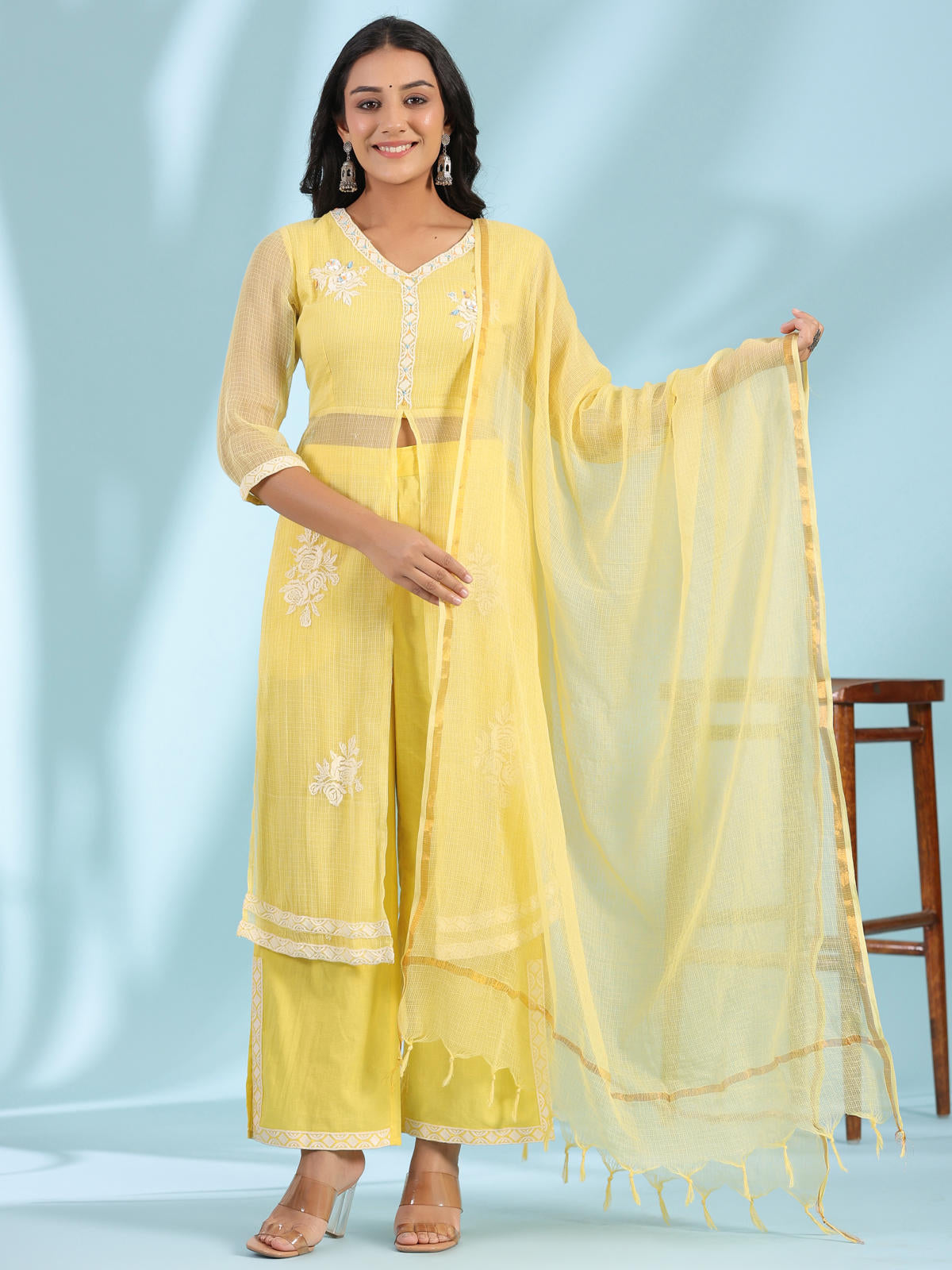 Juniper Women's Yellow Floral Printed pure Cotton Kurta Palazzos & Kota Doria Dupatta With Beads Work | Grocsy