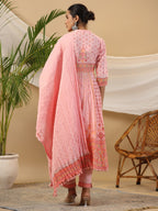 Juniper Peach Cotton Tribal Print Crushed Anarkali Kurta With Pant & Dupatta Set With Kantha Work & Button | Grocsy