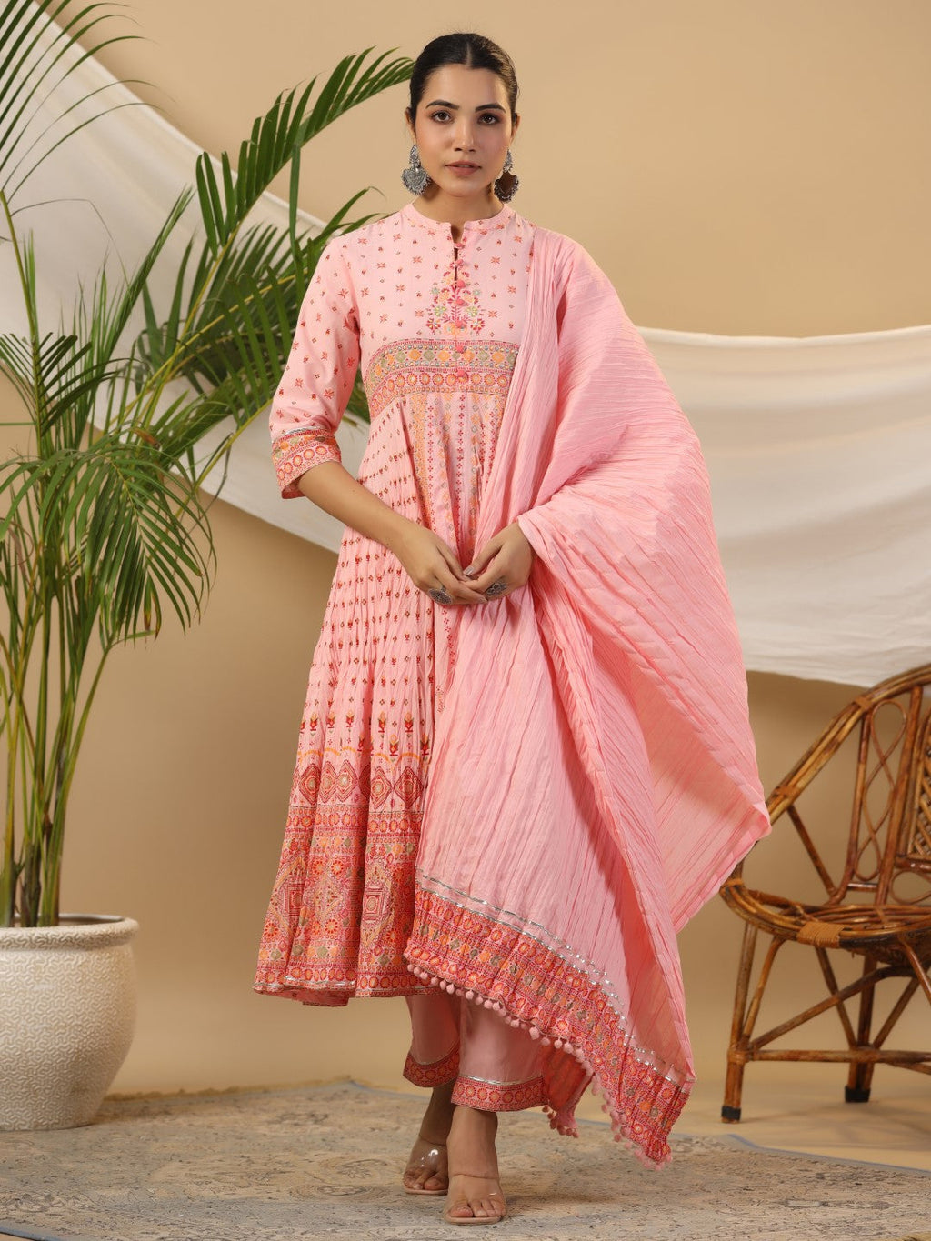 Juniper Peach Cotton Tribal Print Crushed Anarkali Kurta With Pant & Dupatta Set With Kantha Work & Button | Grocsy