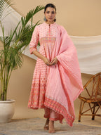 Juniper Peach Cotton Tribal Print Crushed Anarkali Kurta With Pant & Dupatta Set With Kantha Work & Button | Grocsy