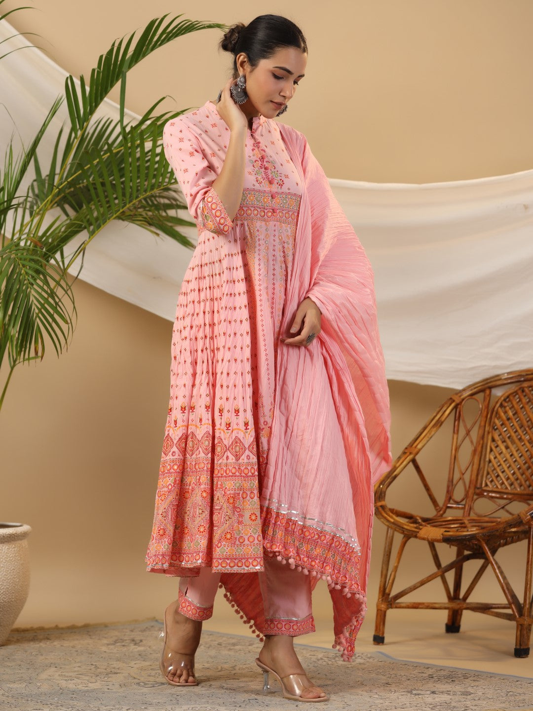 Juniper Peach Cotton Tribal Print Crushed Anarkali Kurta With Pant & Dupatta Set With Kantha Work & Button | Grocsy