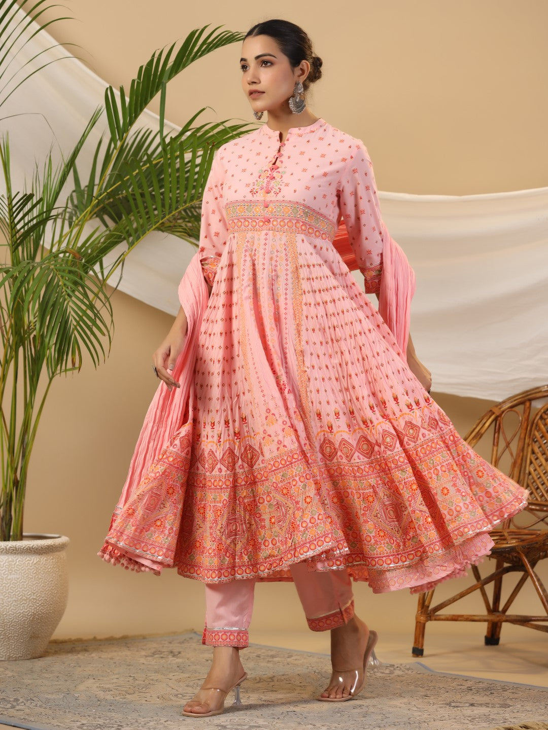 Juniper Peach Cotton Tribal Print Crushed Anarkali Kurta With Pant & Dupatta Set With Kantha Work & Button | Grocsy