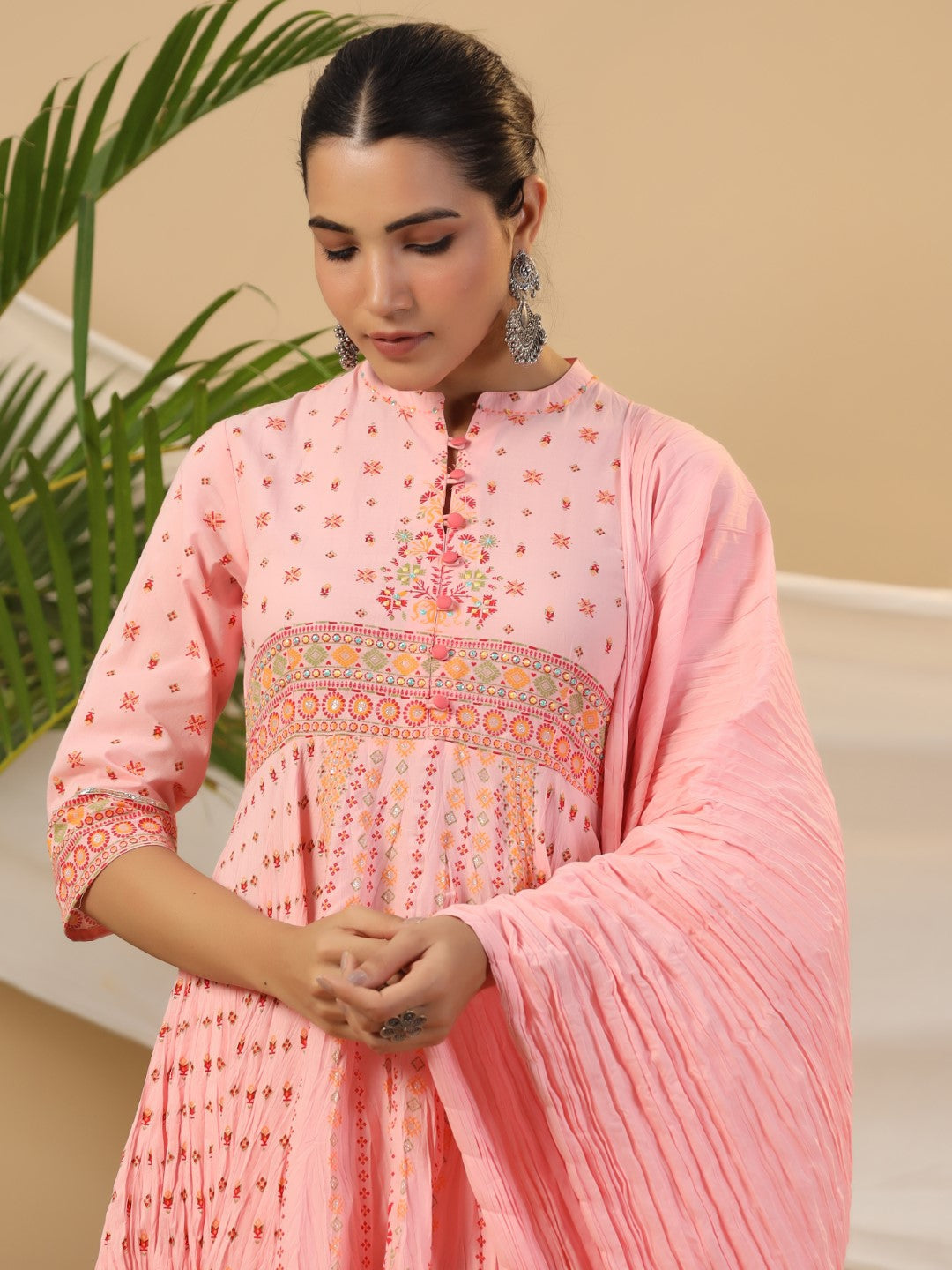 Juniper Peach Cotton Tribal Print Crushed Anarkali Kurta With Pant & Dupatta Set With Kantha Work & Button | Grocsy