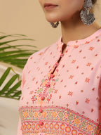 Juniper Peach Cotton Tribal Print Crushed Anarkali Kurta With Pant & Dupatta Set With Kantha Work & Button | Grocsy