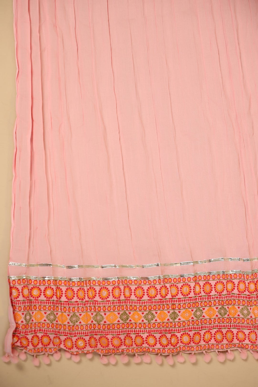 Juniper Peach Cotton Tribal Print Crushed Anarkali Kurta With Pant & Dupatta Set With Kantha Work & Button | Grocsy