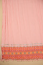 Juniper Peach Cotton Tribal Print Crushed Anarkali Kurta With Pant & Dupatta Set With Kantha Work & Button | Grocsy