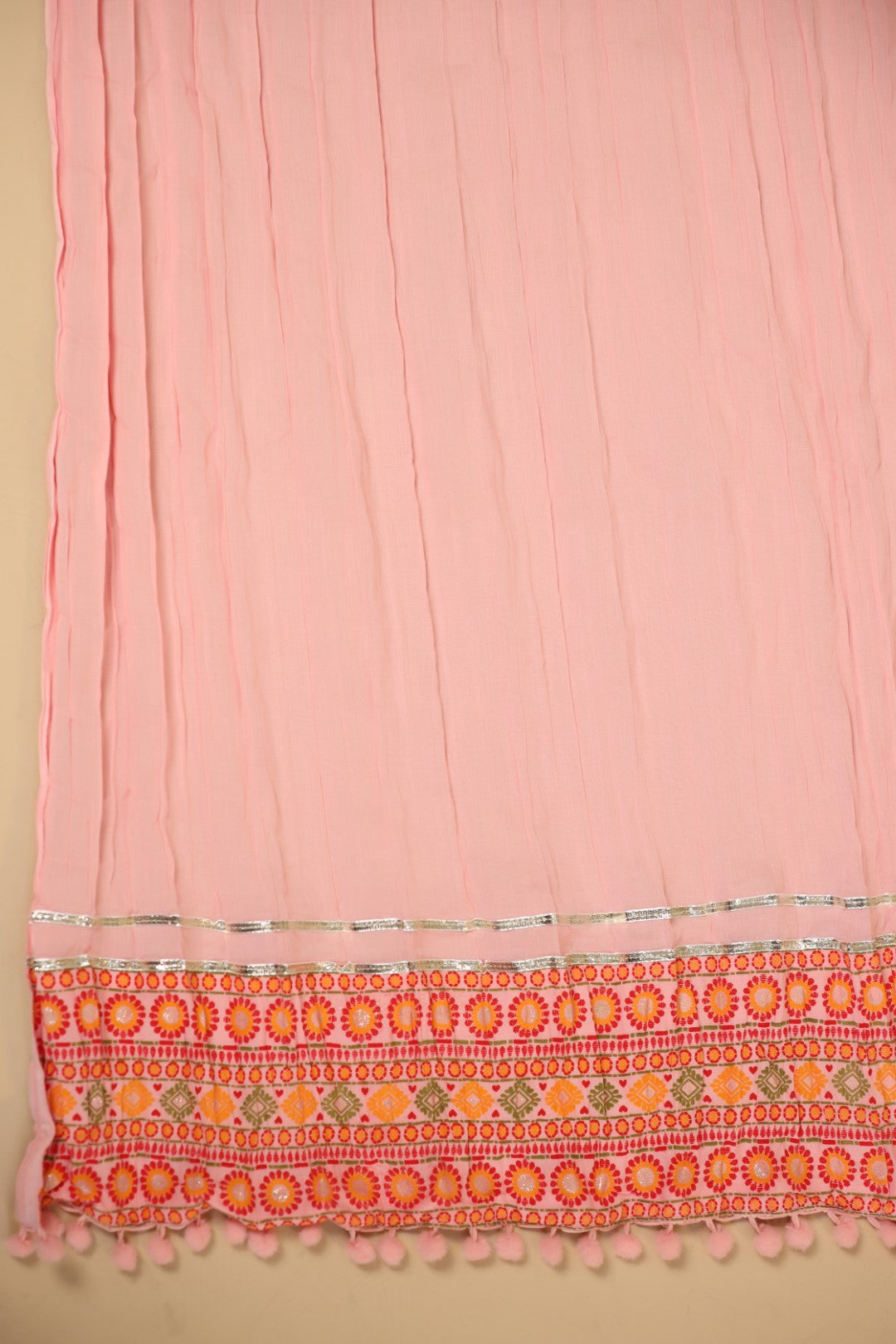Juniper Peach Cotton Tribal Print Crushed Anarkali Kurta With Pant & Dupatta Set With Kantha Work & Button | Grocsy