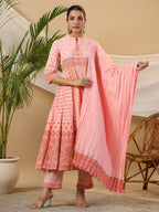 Juniper Peach Cotton Tribal Print Crushed Anarkali Kurta With Pant & Dupatta Set With Kantha Work & Button | Grocsy