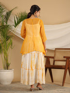 Juniper Mustard Tie-Dye Tiered & Layered Pure Cotton Dress With Mirror Work Embroidery | Grocsy