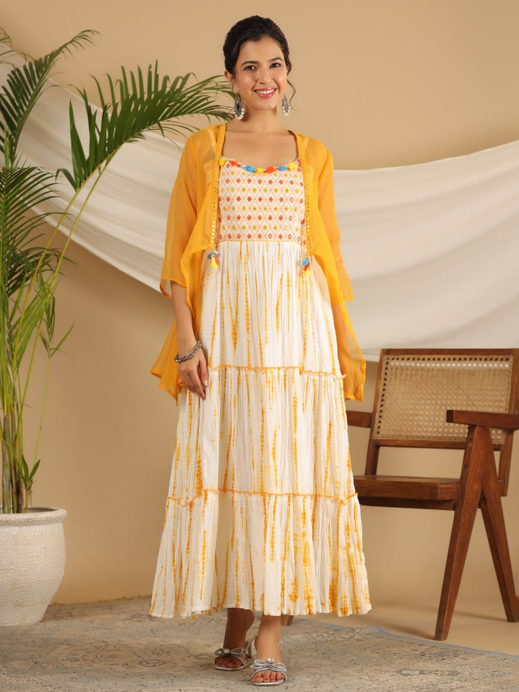Juniper Mustard Tie-Dye Tiered & Layered Pure Cotton Dress With Mirror Work Embroidery | Grocsy