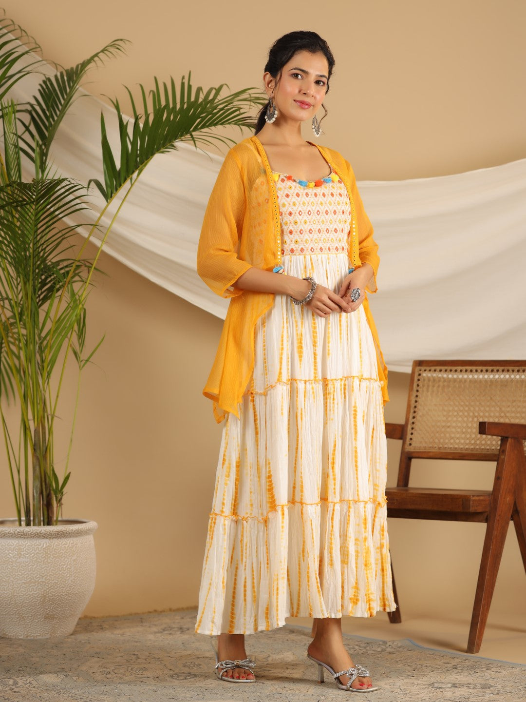 Juniper Mustard Tie-Dye Tiered & Layered Pure Cotton Dress With Mirror Work Embroidery | Grocsy