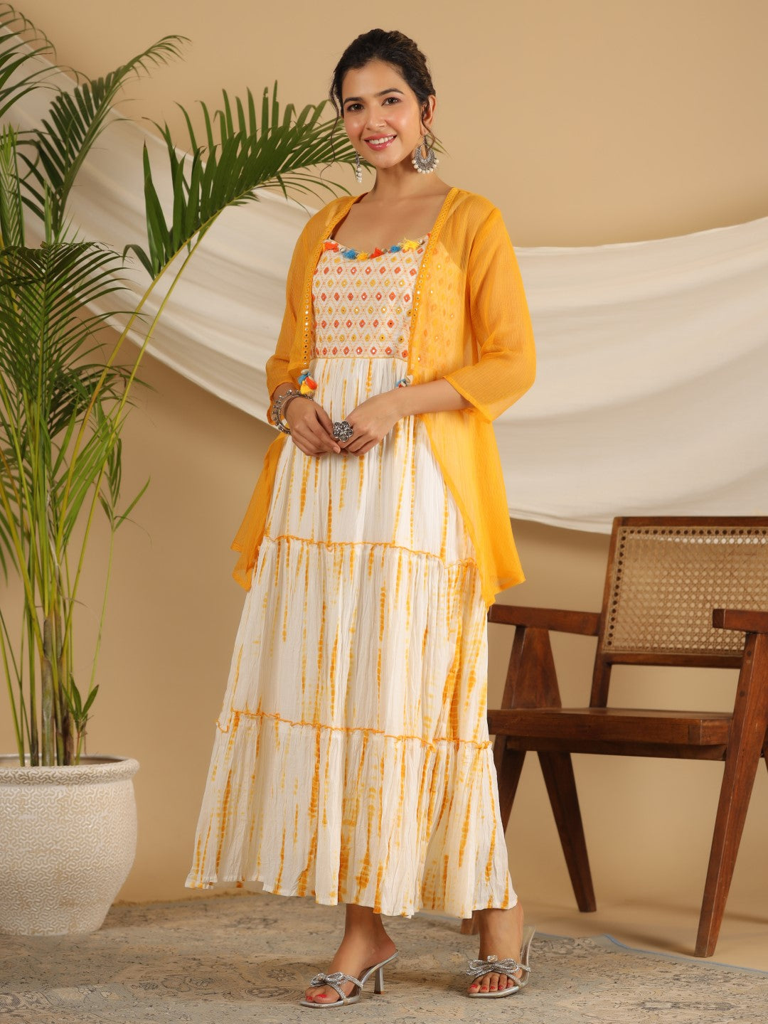 Juniper Mustard Tie-Dye Tiered & Layered Pure Cotton Dress With Mirror Work Embroidery | Grocsy