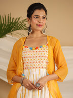 Juniper Mustard Tie-Dye Tiered & Layered Pure Cotton Dress With Mirror Work Embroidery | Grocsy